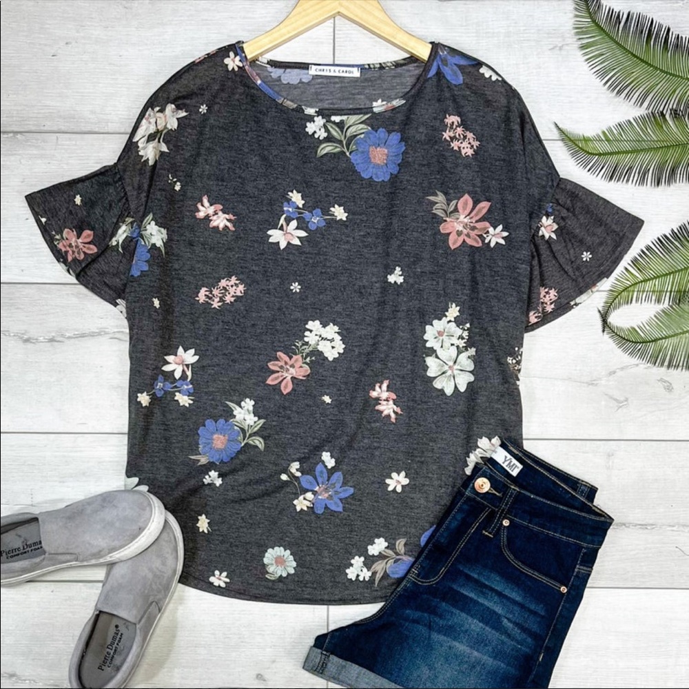 Chris & Carol Floral Round Neck Top with Ruffle Sleeves - Grey